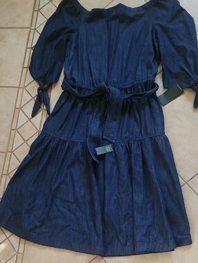 Off-Shoulder Midi Dress in Dark Denim Blue with Waist Tie SZ 10